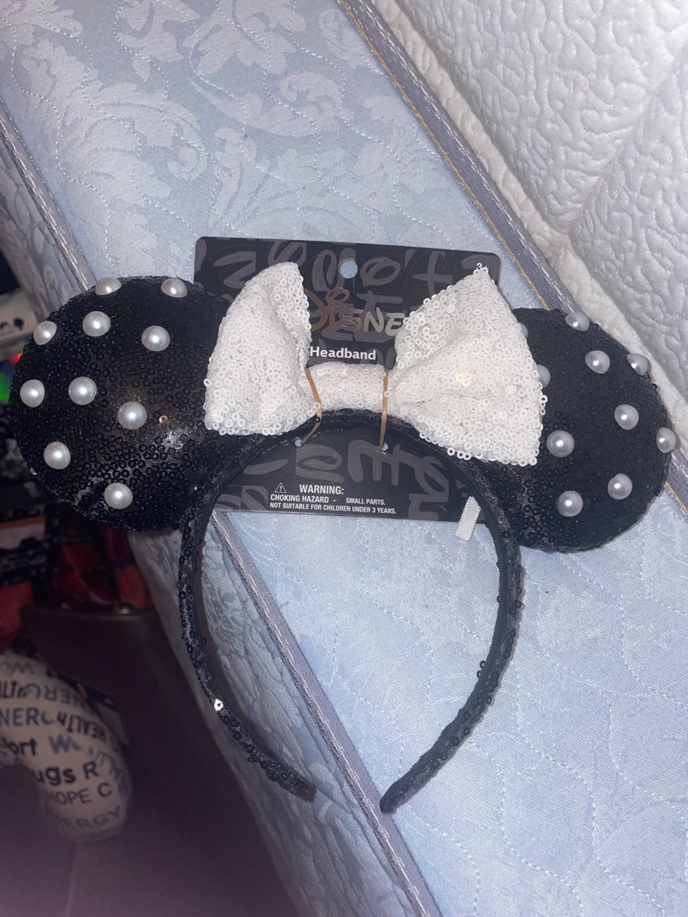 Disney aldi Black Sequin Pearl Minnie Ears Headband with White Sequin Bow